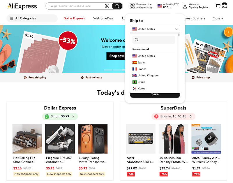 Screenshot showing how to select Pakistan as your shipping destination on AliExpress website