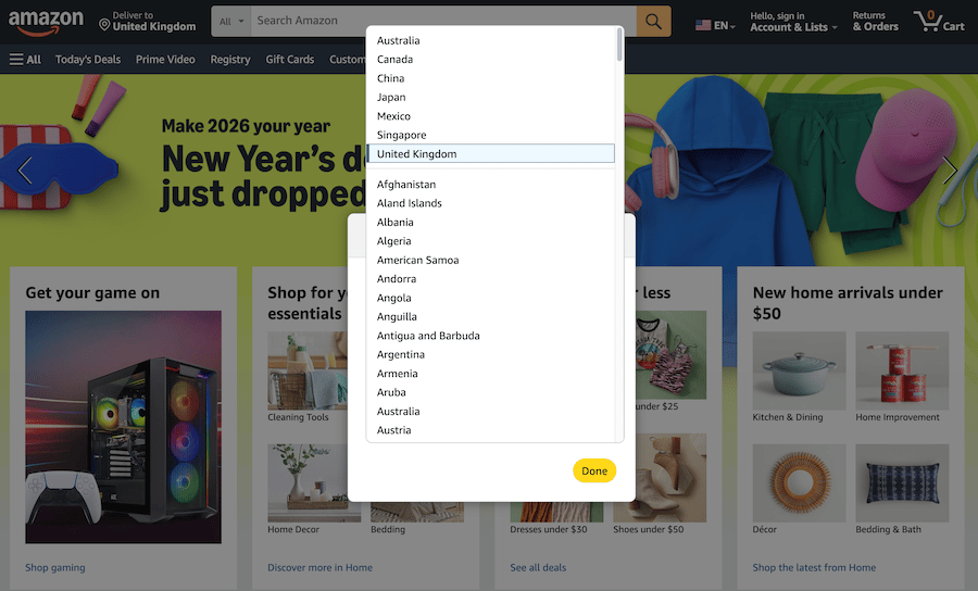 Screenshot showing how to select China as your delivery location on Amazon website