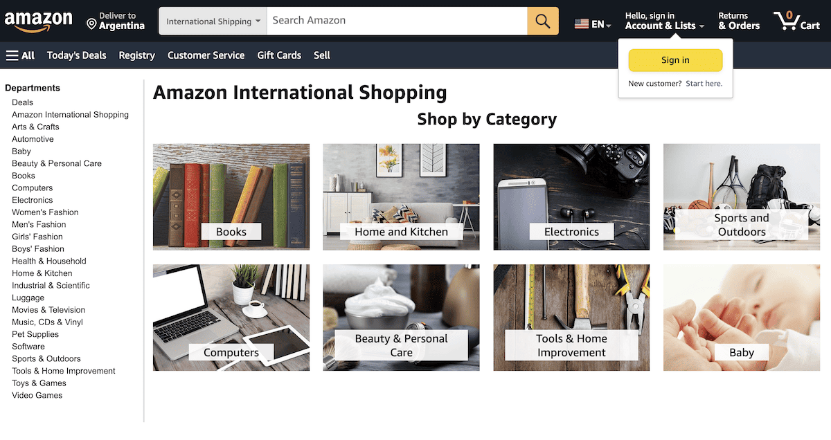 amazon interntional - category for argentina